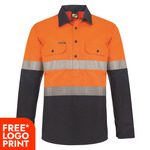 Mens Hi Vis Half Placket Cotton Drill Shirt Semi Gusset Sleeves CSR Reflective Tape